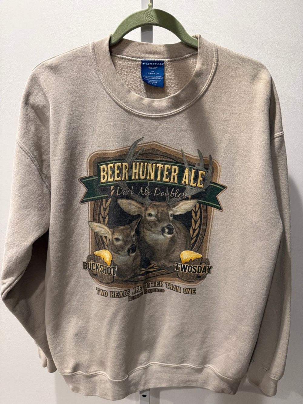 Puritan Vintage Beer Hunter Ale Graphic Crewneck Beige Size M Hunting Y2K